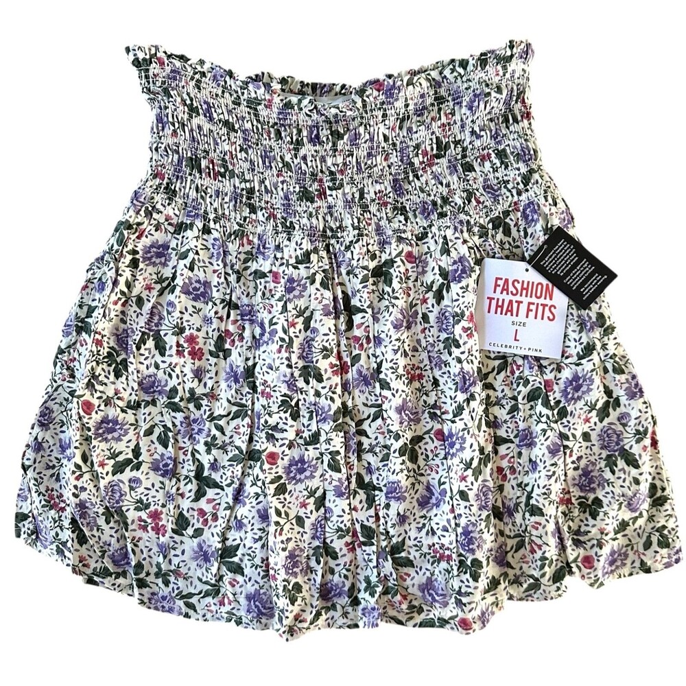 Celebrity Pink Women's Smocked Mini Skirt Floral Printed Lined Sz L White Multi